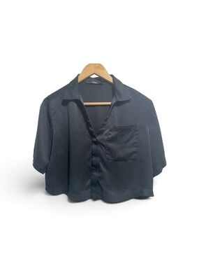 Quince Silk Black Cropped Button-Front Short Sleeve Shirt size XS